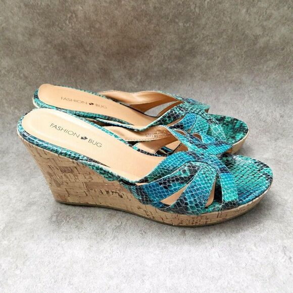 Fashion Bug Womens Snake Sz 9.5 M Blue Open Toe Slide 4" Wedge Sandals - Picture 4 of 12